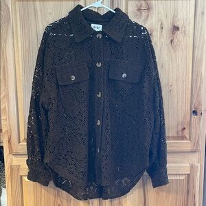 BiBi Dark Brown Crochet Oversized Shacket, EUC
